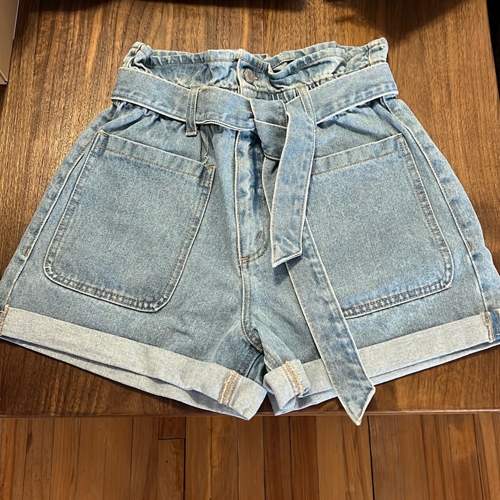 Denim paper bag shorts
